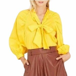 Who What Wear Yellow Women's Top with Bow Detail puff sleeve